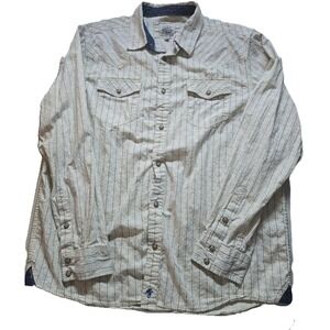 Moon Shine Western Shirt Mens XL Beige Blue Stripe Snap Front Casual Long Sleeve